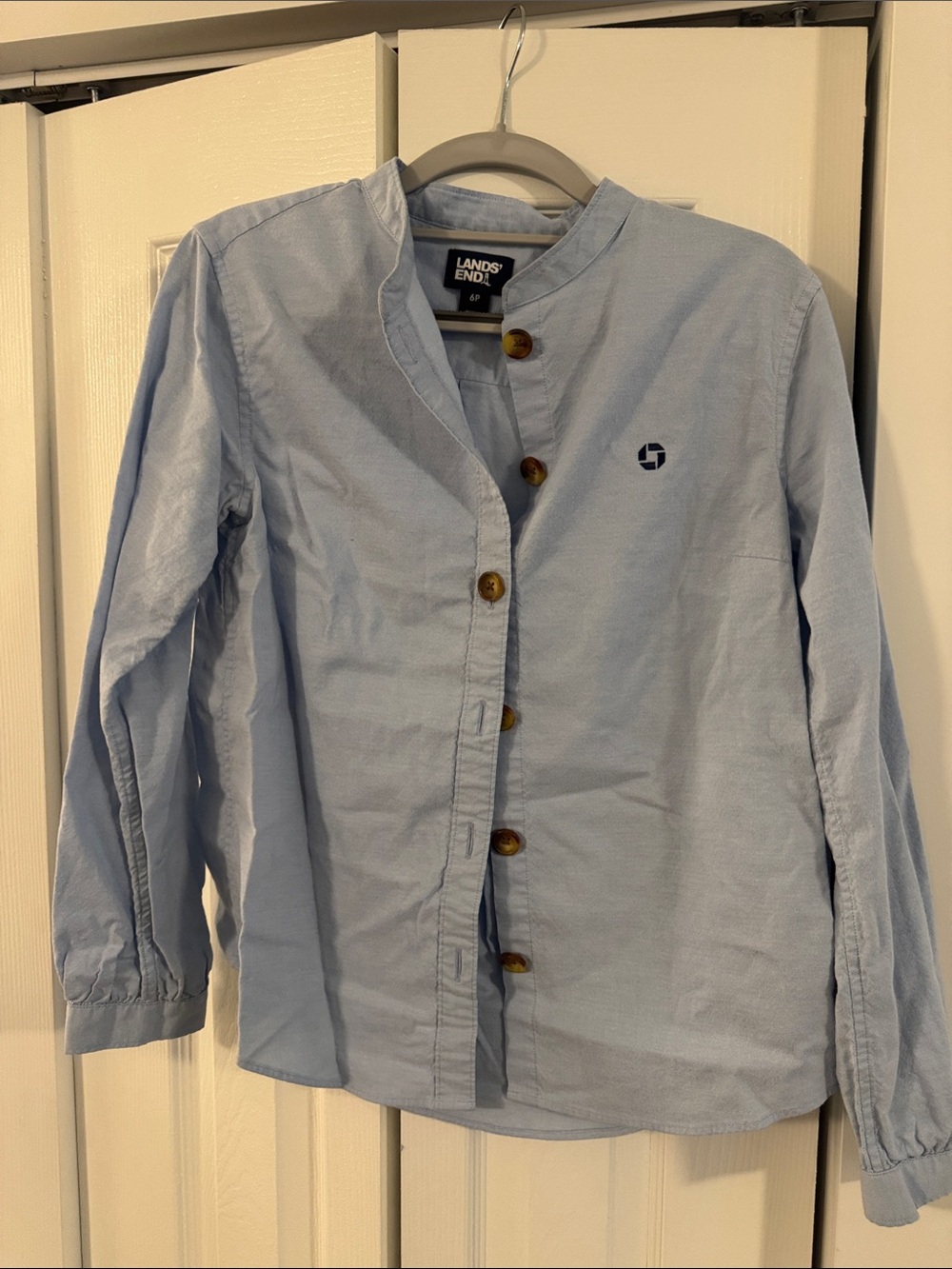 Chase Apparel Lands' End Light Blue Button-Front Linen Shirt with Stand Collar